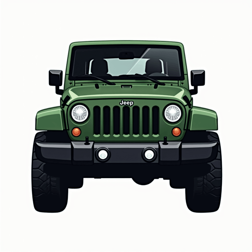 a green jeep with large wheels